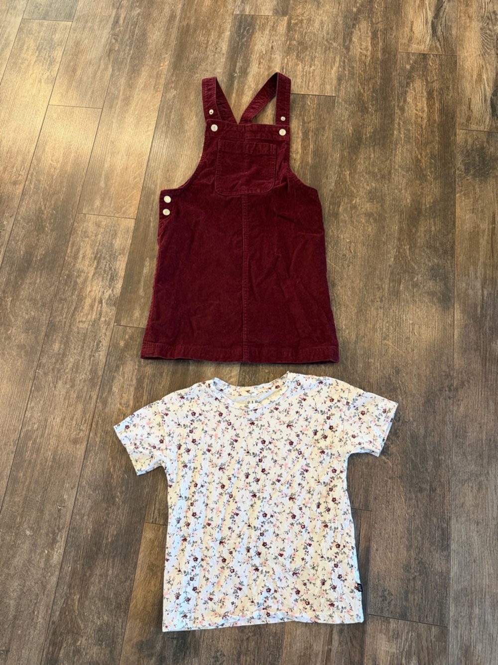 GAP Burgundy Corduroy Pinafore Dress with Floral Tee